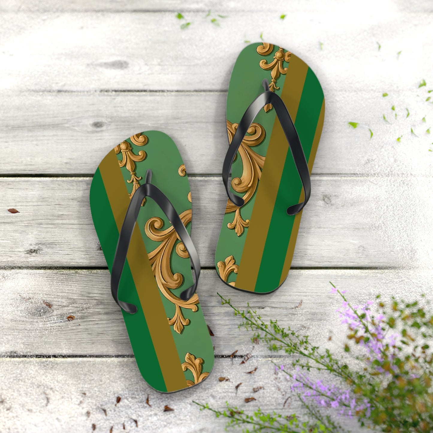 Stylish Summer Flip Flops | Elegant Beach Sandals | Trendy Footwear for Vacation | Perfect Gift for Hot Days - Olive Green Striped Rococo