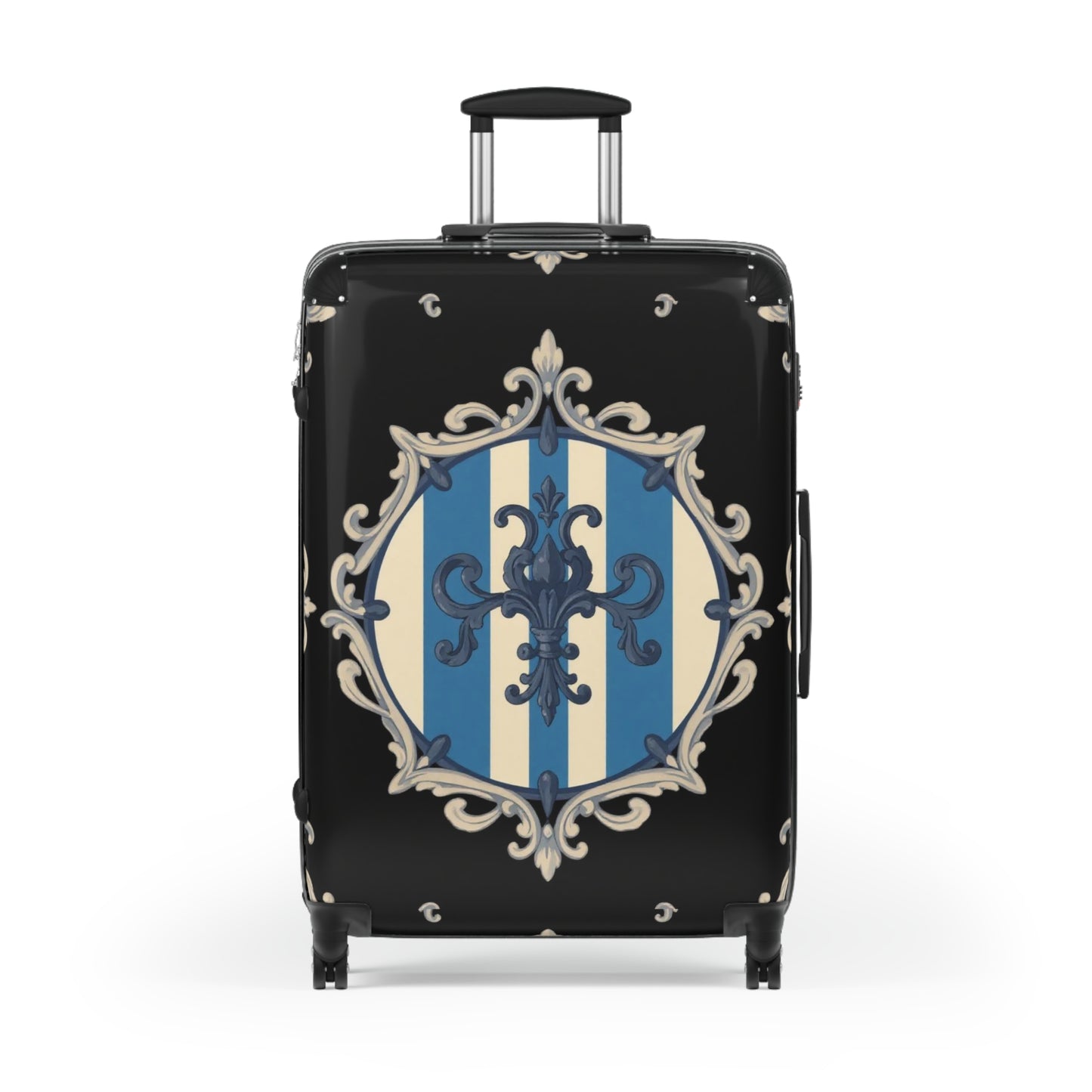 Elegant Blue & Alabaster Striped Baroque Travel Suitcase, Stylish Luggage, Personalized Travel Bag, Chic Weekender Bag, Vacation Essentials