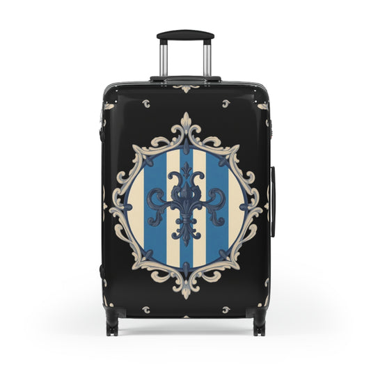 Elegant Blue & Alabaster Striped Baroque Travel Suitcase, Stylish Luggage, Personalized Travel Bag, Chic Weekender Bag, Vacation Essentials