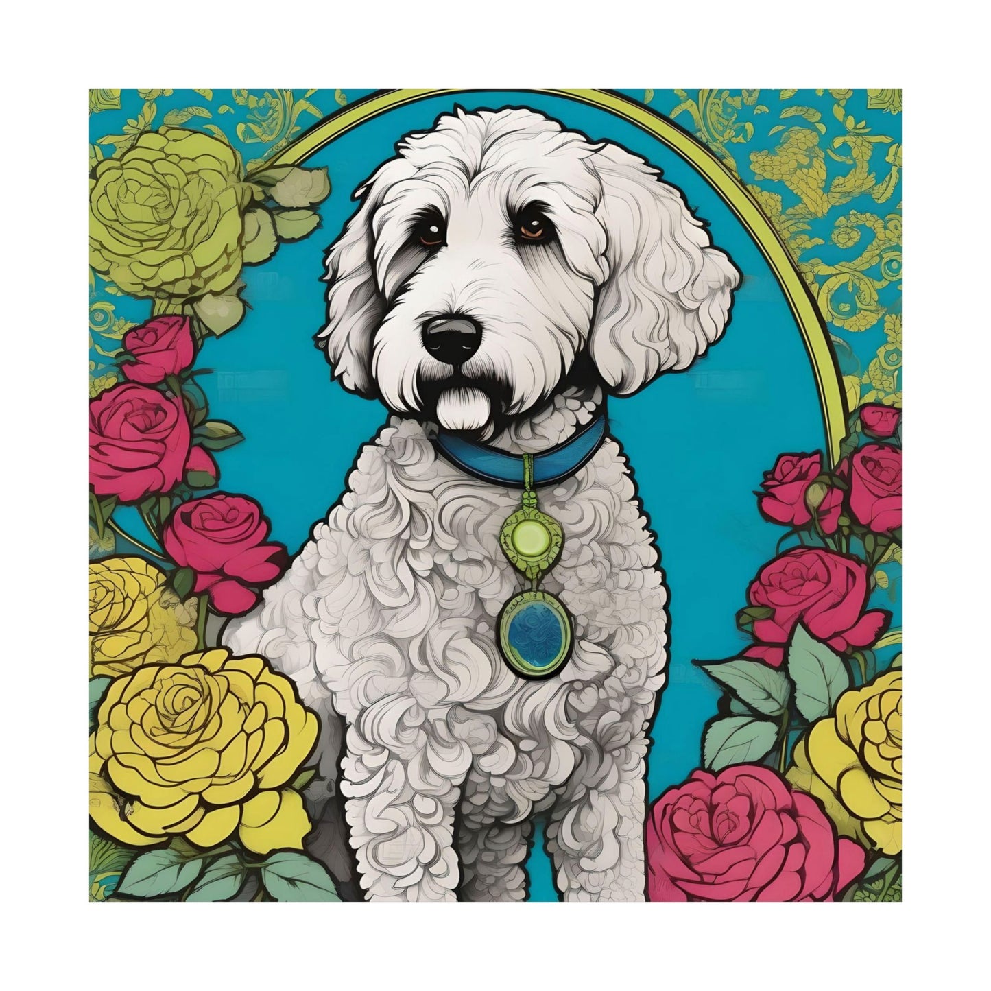 Floral Motif Art Poster - Elegant Matte Vertical Wall Decor - Golden Doodle In Turquoise & Roses
