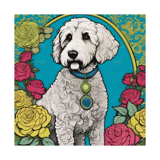 Floral Motif Art Poster - Elegant Matte Vertical Wall Decor - Golden Doodle In Turquoise & Roses