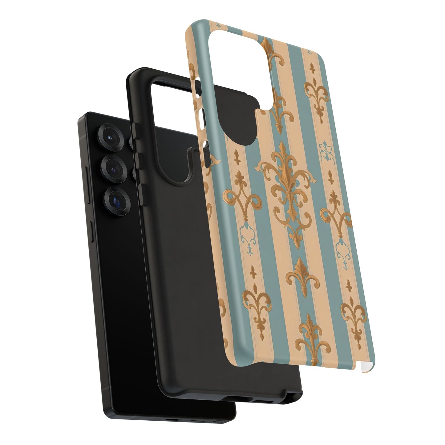 Elegant Floral Motif Phone Case - Tough Cases with Vintage Design -  Beige & Sky Blue Striped Gold Damask