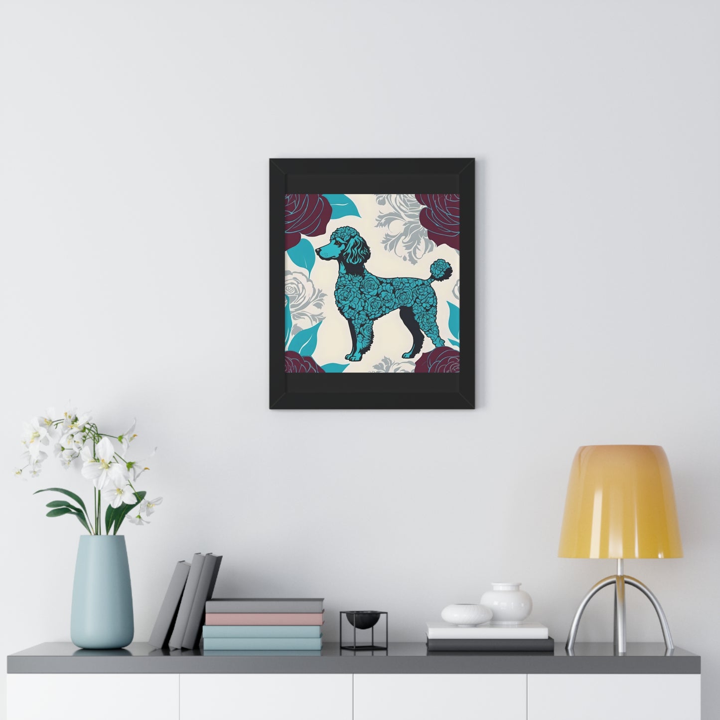 Vertical Poster - Stylish Framed - Art for Home Decor - Rose Inspired Turquoise Poodle With Burgundy Roses