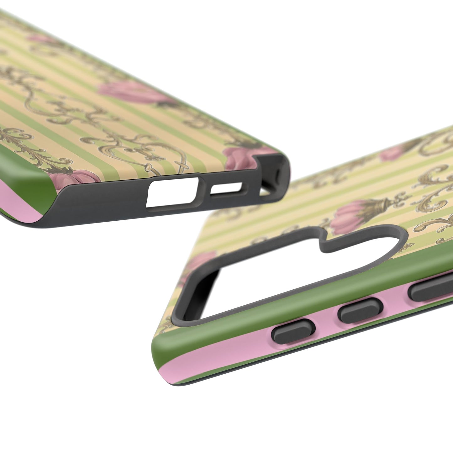 Elegant Floral Motif Phone Case - Tough Cases with Vintage Design - Lime Green & Pink Striped Damask