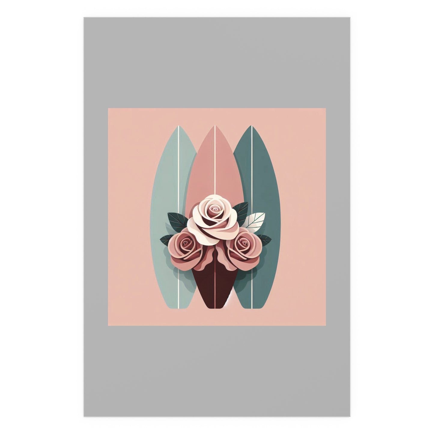 Elegant Floral Silk Poster - Indoor/Outdoor Wall Art for Home Decor - Burgundy, Matte Mauve & Teal Surfboard & Roses