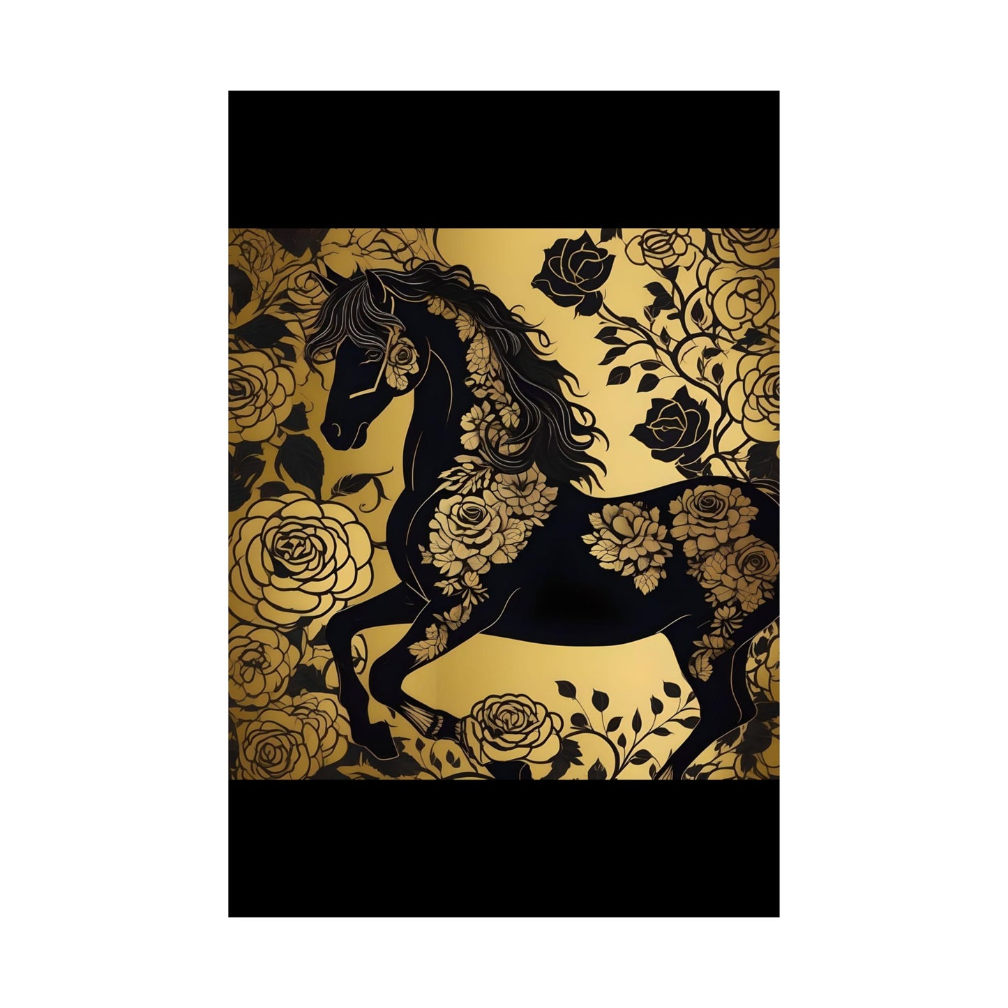 Floral Art Poster - Elegant Matte Vertical Wall Decor - Black & Gold Horse With Roses