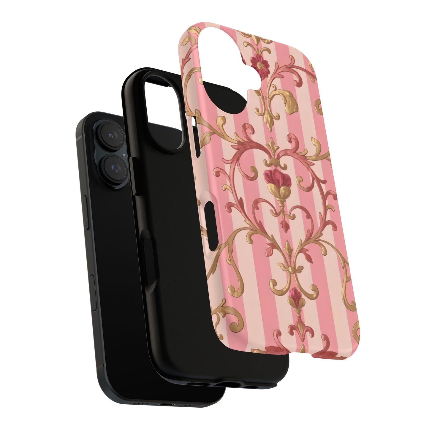 Elegant Floral Motif Phone Case - Tough Cases with Vintage Design - Pink Striped Rose Gold Damask