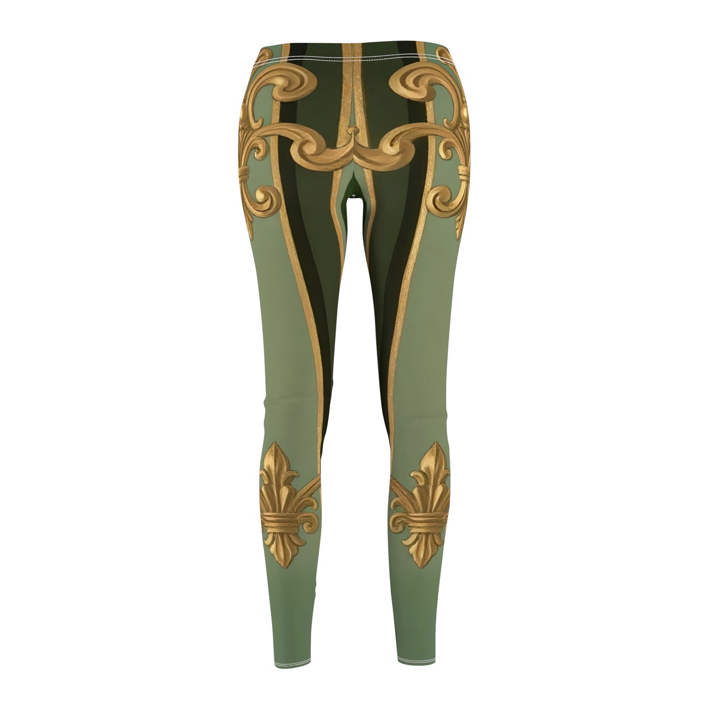 Elegant Women's Leggings with Gold Design, Casual Leggings, Fashion Leggings, Unique Workout Pants - Green Striped Gold Baroque