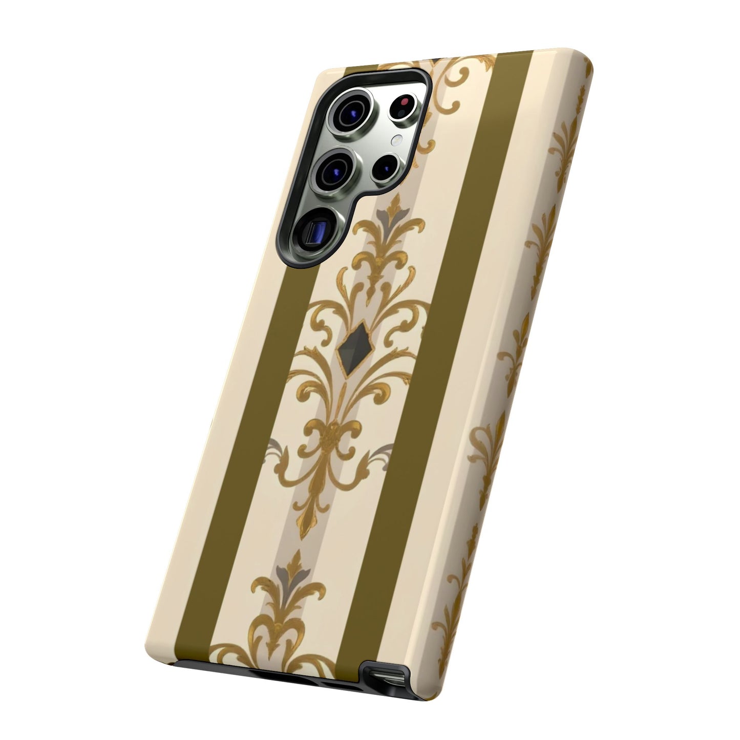 Elegant Floral Motif Phone Case - Tough Cases with Vintage Design - Olive Striped Gold Damask