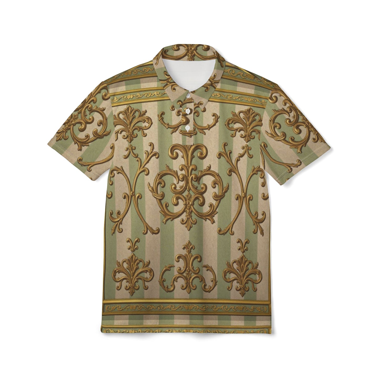 Elegant Floral Unisex Polo Shirt, Stylish Casual Wear, Gift for Him, Gift for Her, Summer Fashion, Daily Wear - Mint & Beige Striped Gold Baroque