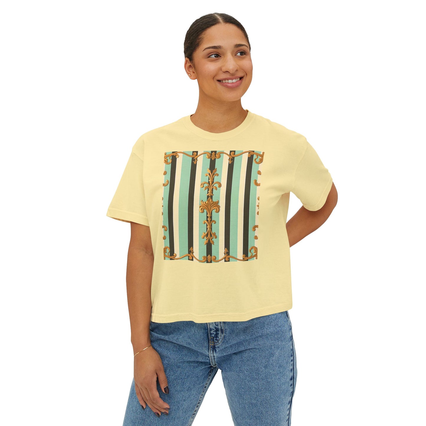 Boho Women's Boxy Tee, Casual Crop Top, Summer Tee, Festival Shirt, Everyday Wear, Vintage Style - Black & Matte Mint Striped Rococo