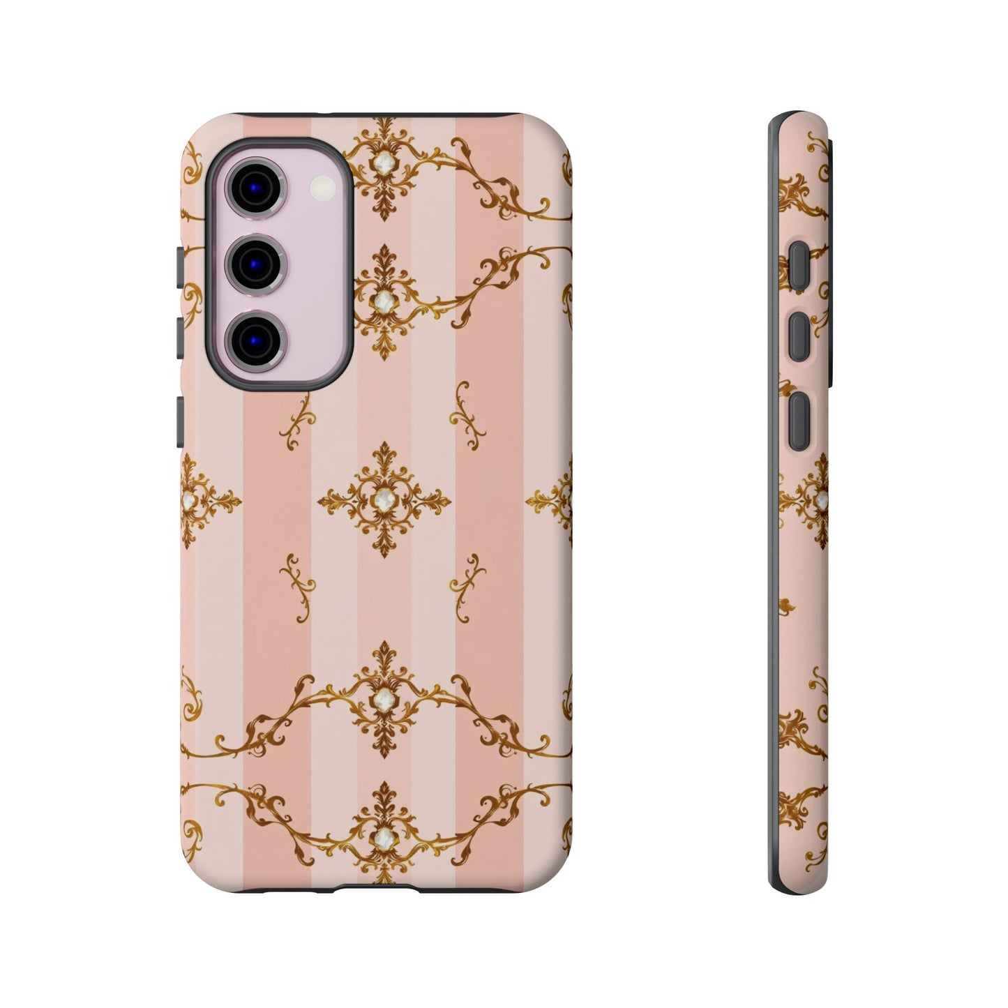 Elegant Floral Phone Case, Tough Cases for Women, Trendy Phone Cover, Chic Gift - Pink Jeweled Striped Gold Baroque