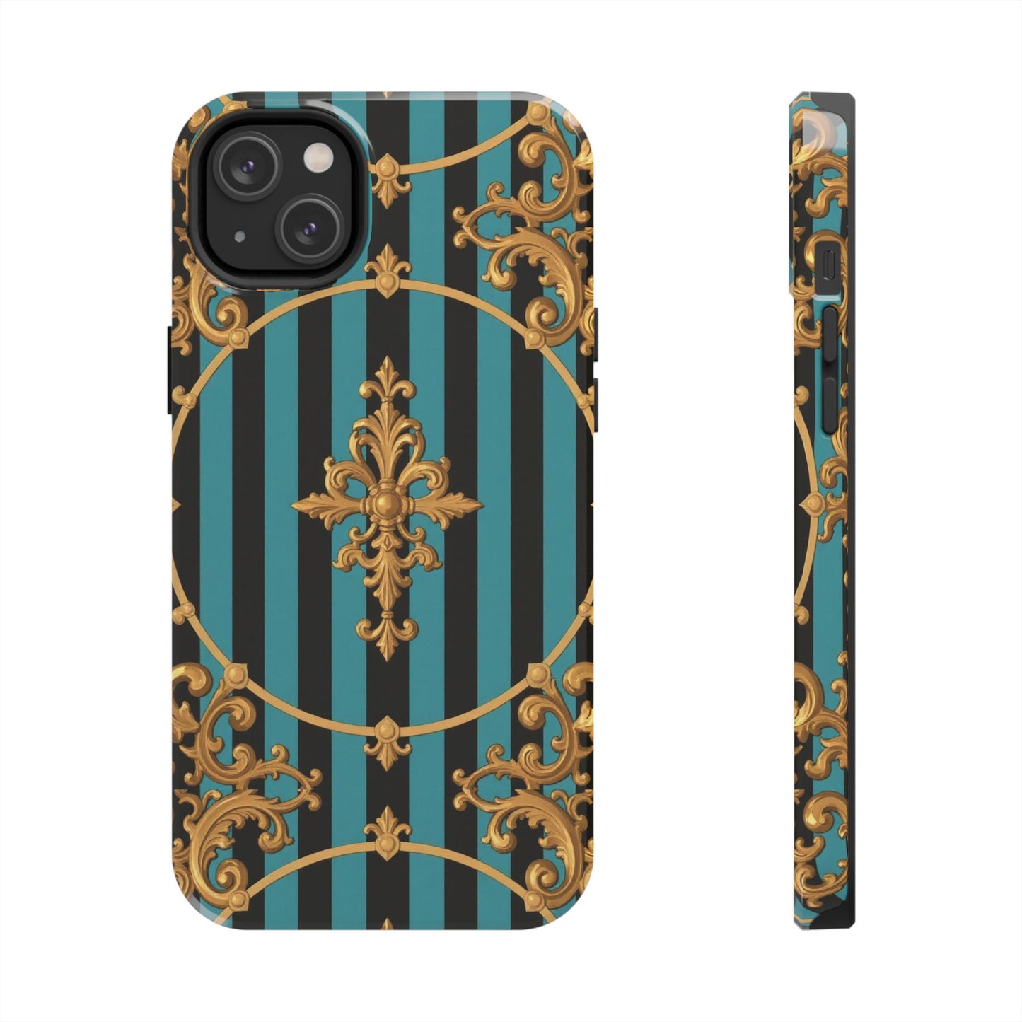 Elegant Turquoise & Black Striped Gold Baroque Phone Case, Tough Phone Cases for Fashion Lovers, Gift for Her, Luxury Accessories