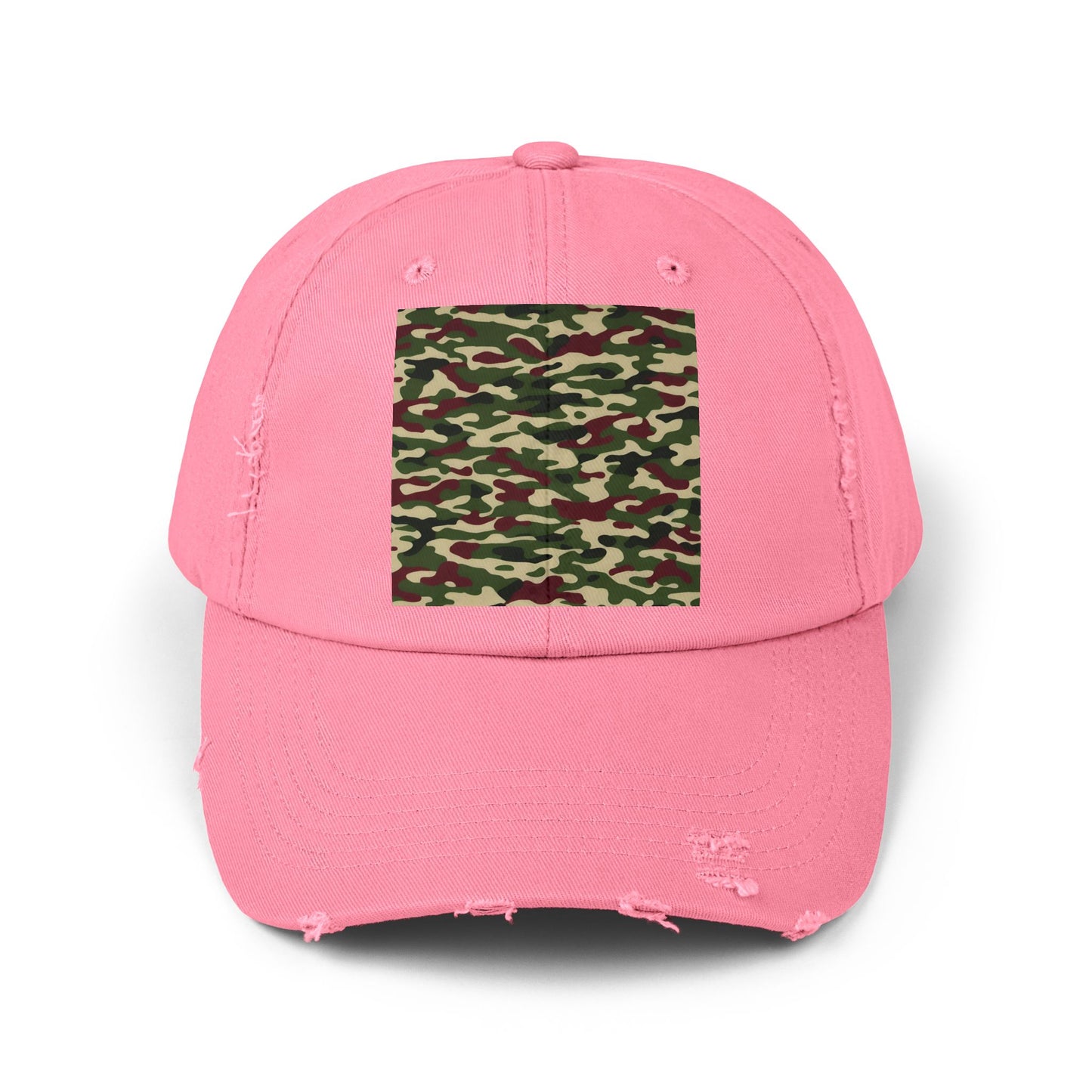 Camo Distressed Cap | Unisex Fashion Hat, Trendy Outdoor Accessory, Gift for Him/Her, Casual Wear, Sports Cap - Army Green & Burgundy Camo