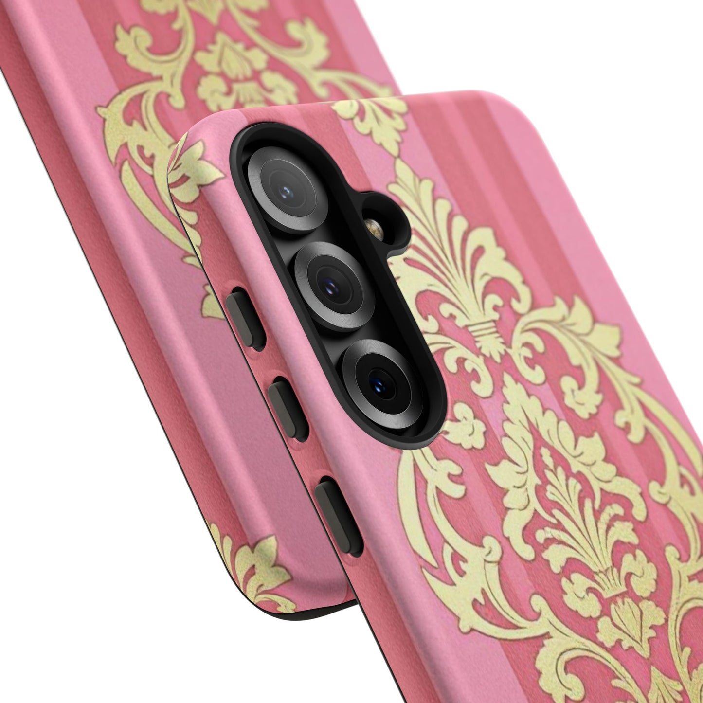 Elegant Floral Motif Phone Case - Tough Cases with Vintage Design - Pink Striped Damask