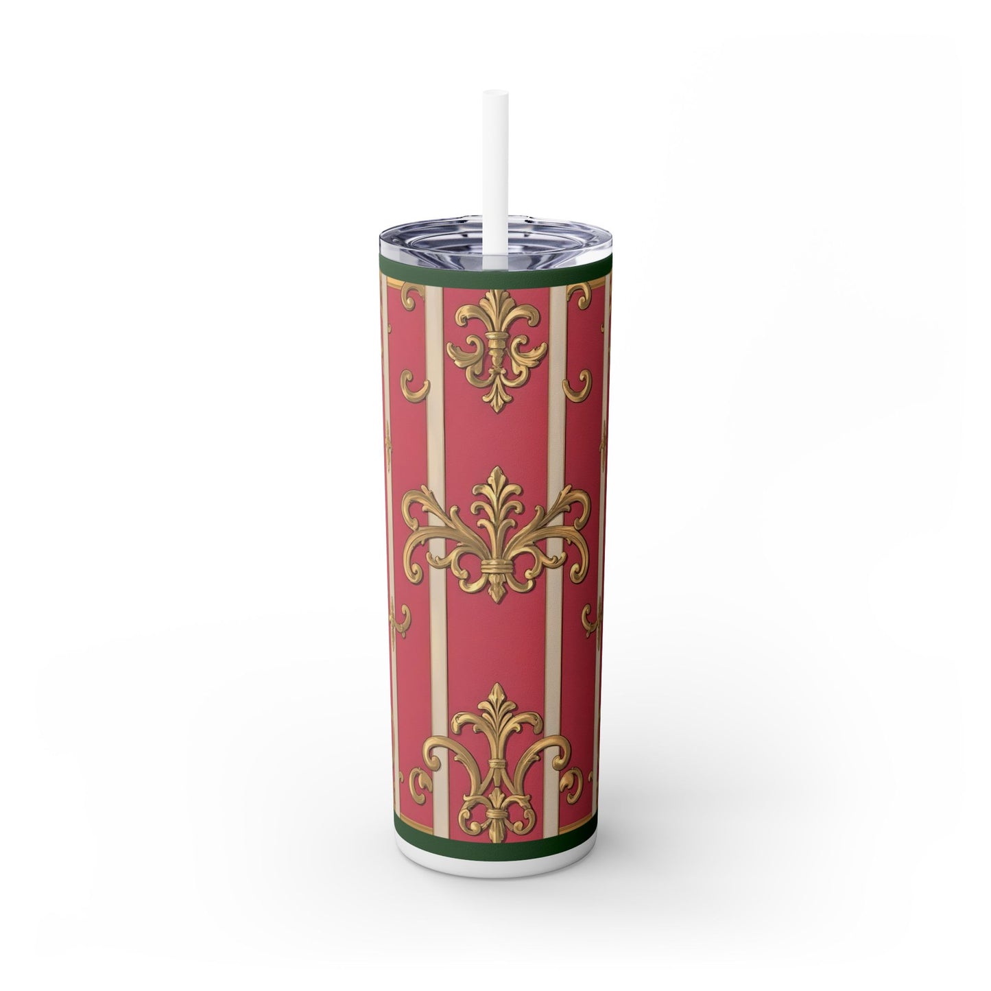 Elegant Green Border Pink Striped Baroque Skinny Tumbler with Straw, Reusable Travel Mug, Gift for Her, Fashionable Drinkware