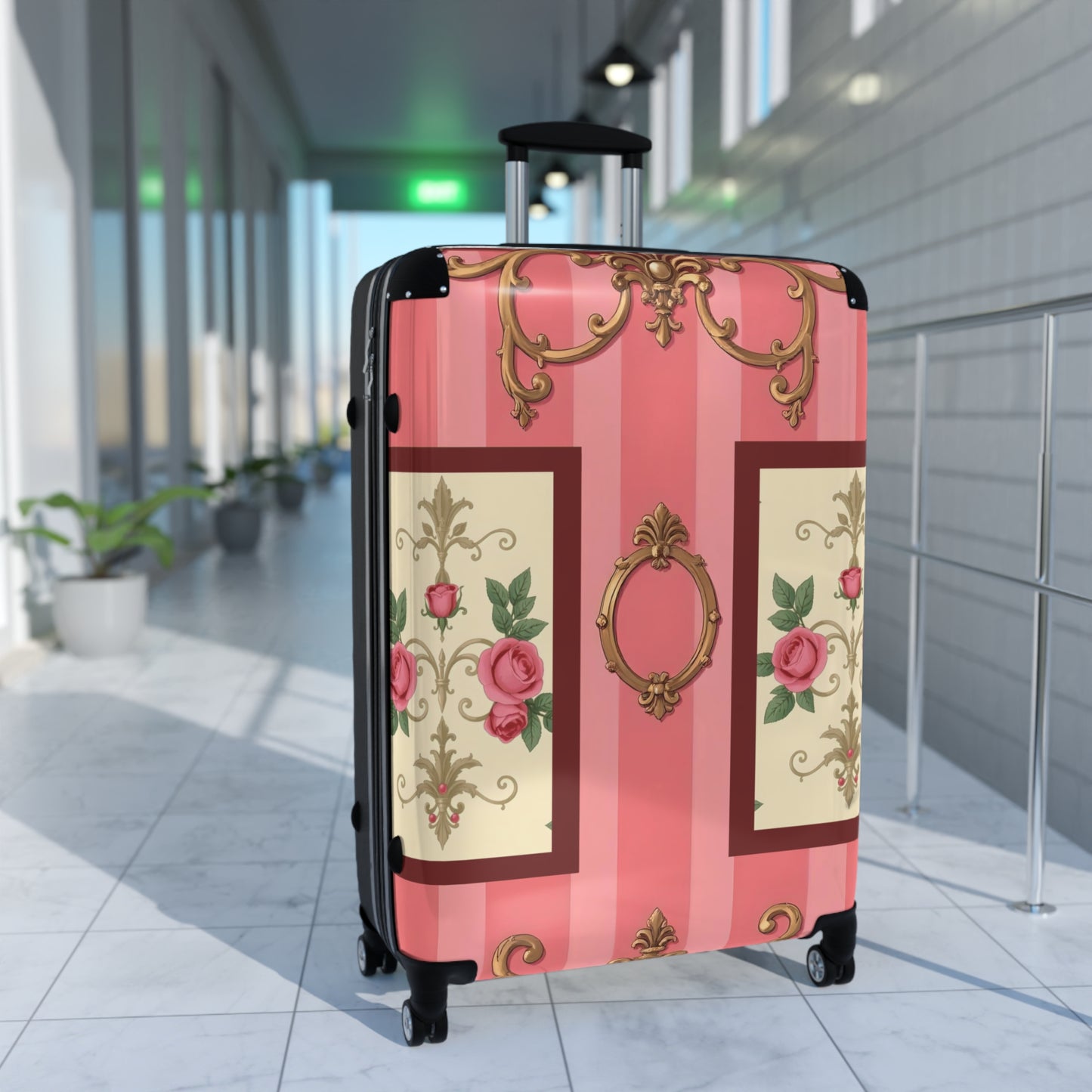 Vintage Floral Design Suitcase | Stylish Travel Luggage for Fashion Lovers - Pink Striped Baroque & Roses