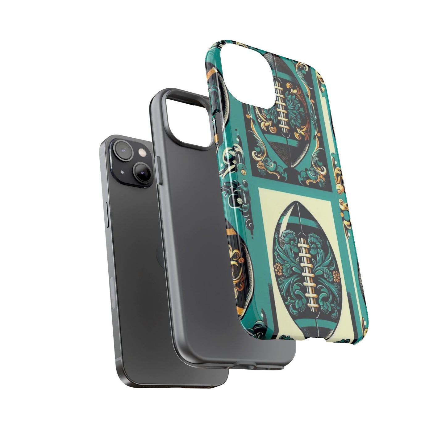 Elegant Floral Motif Phone Case - Tough Cases with Vintage Design -  Damask Teal, Gold & Black Footballs