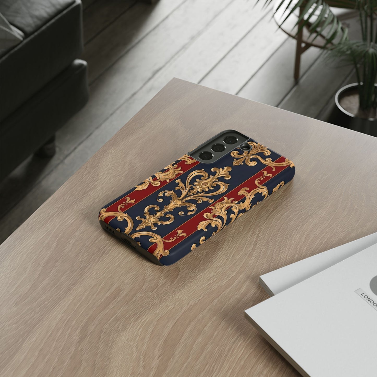 Elegant Floral Motif Phone Case - Tough Cases with Vintage Design - Midnight Blue & Dusk Red Striped Gold Damask