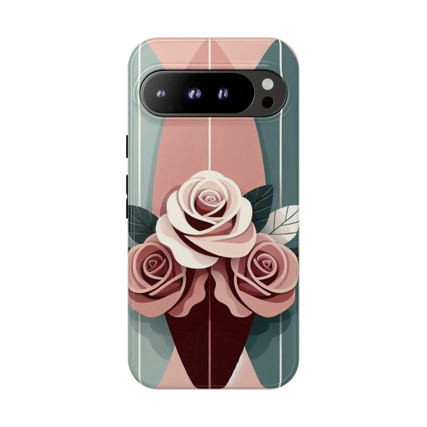 Phone Case - Burgundy, Matte Mauve & Teal Surfboard & Roses Design