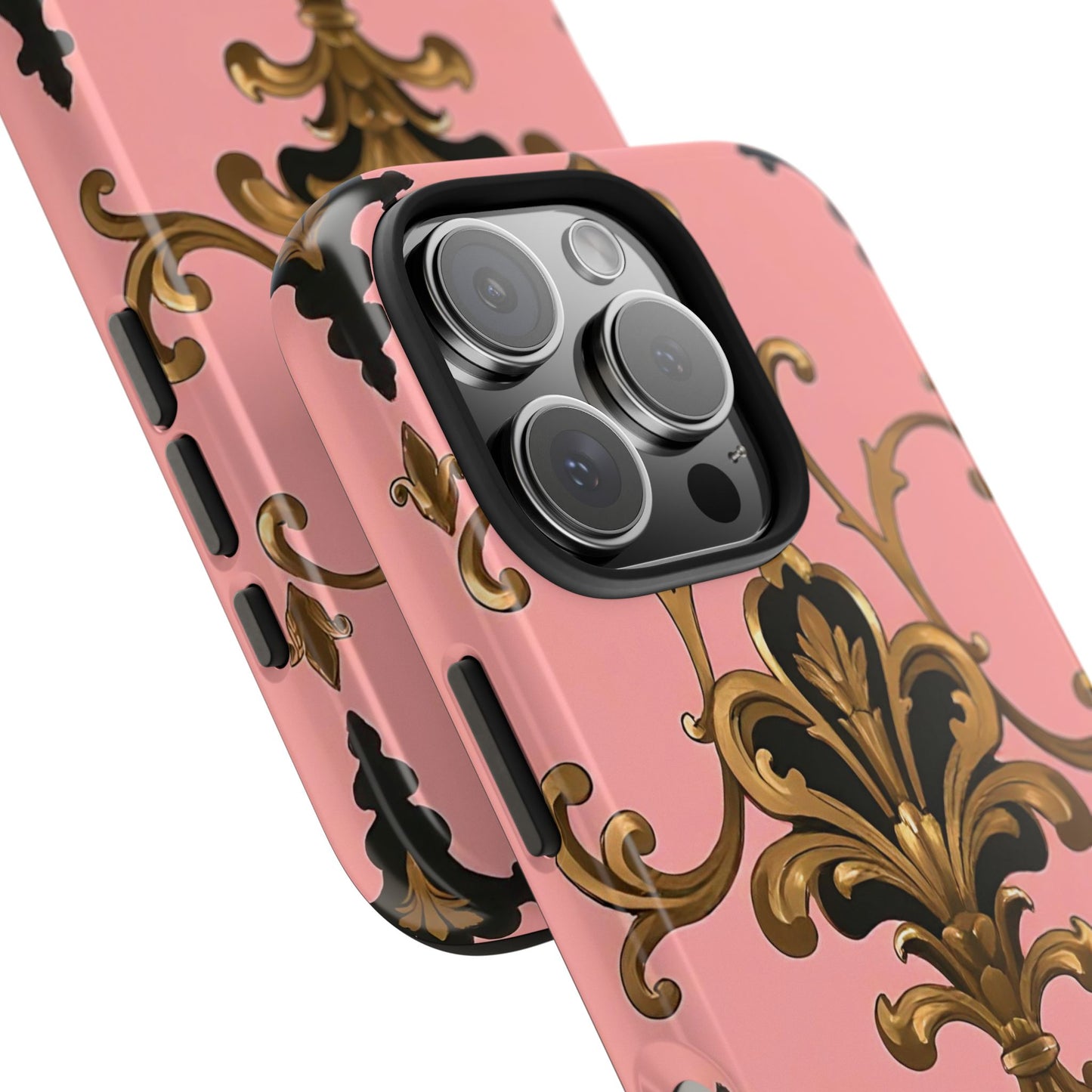 Chic Tough Phone Cases with Floral Design, Elegant Phone Cover, Durable Smartphone Case, Stylish Tech Accessory - Pink, Black & Gold Rococo