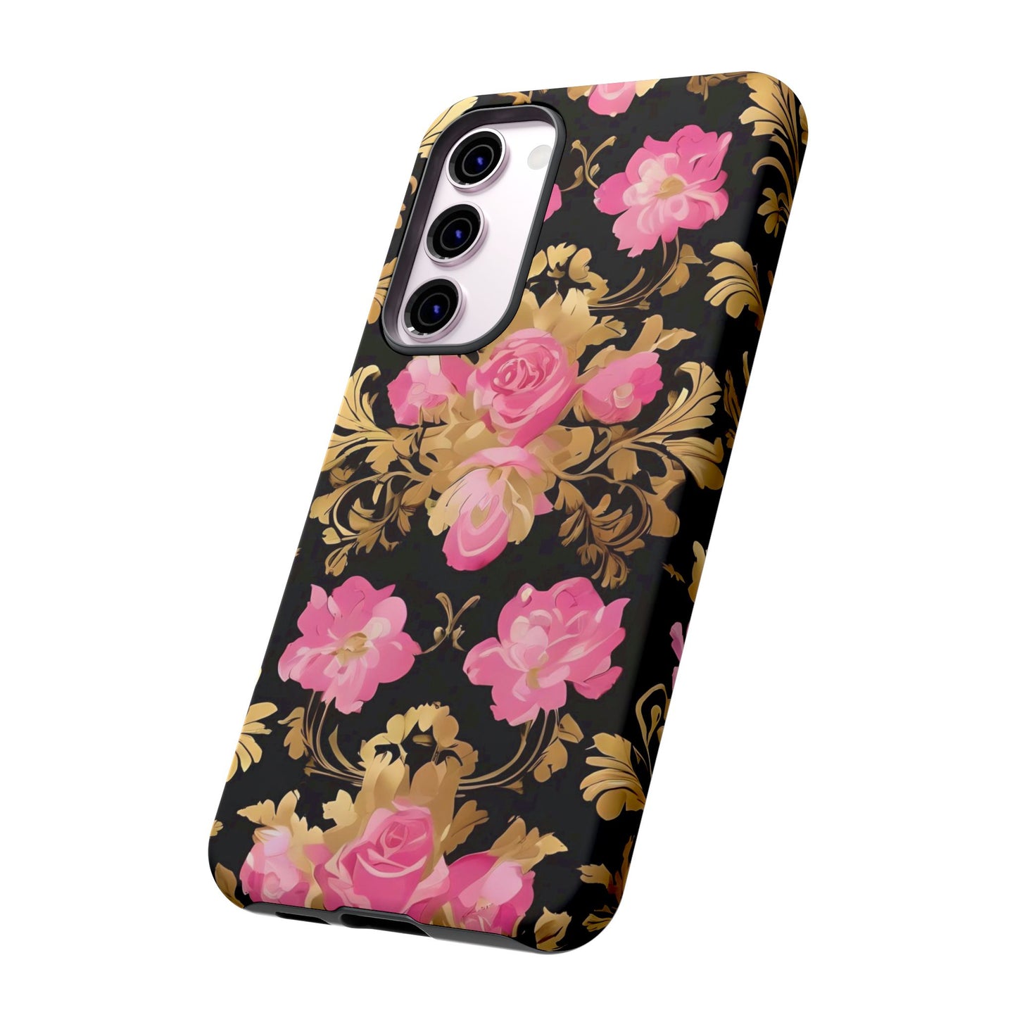 Elegant Floral Motif Phone Case - Tough Cases with Vintage Design - Pink & Gold Roses