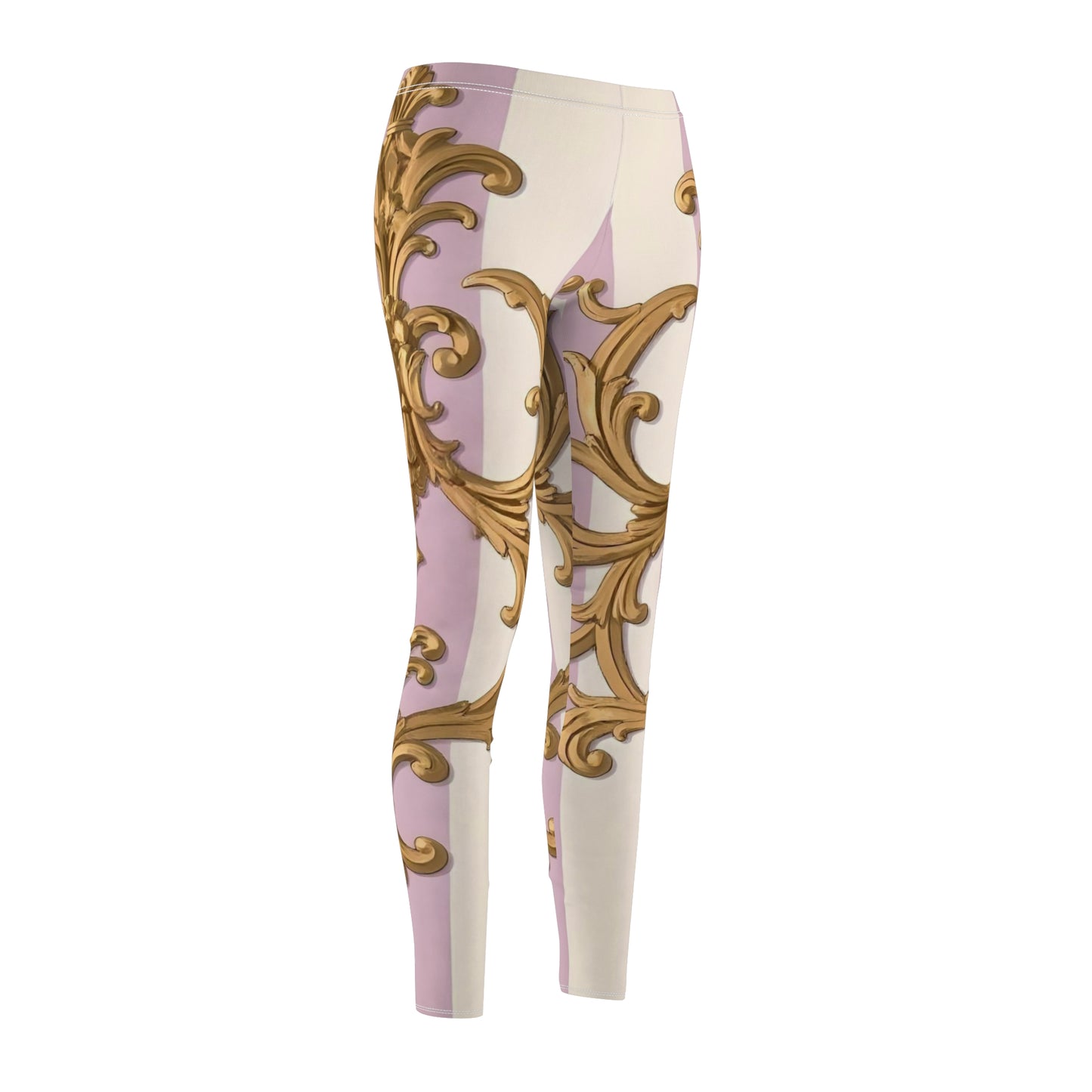 Elegantly Designed Women's Casual Leggings - Perfect for Everyday Style, Workout, or Lounging - Lilac & Alabaster Striped Gold Baroque