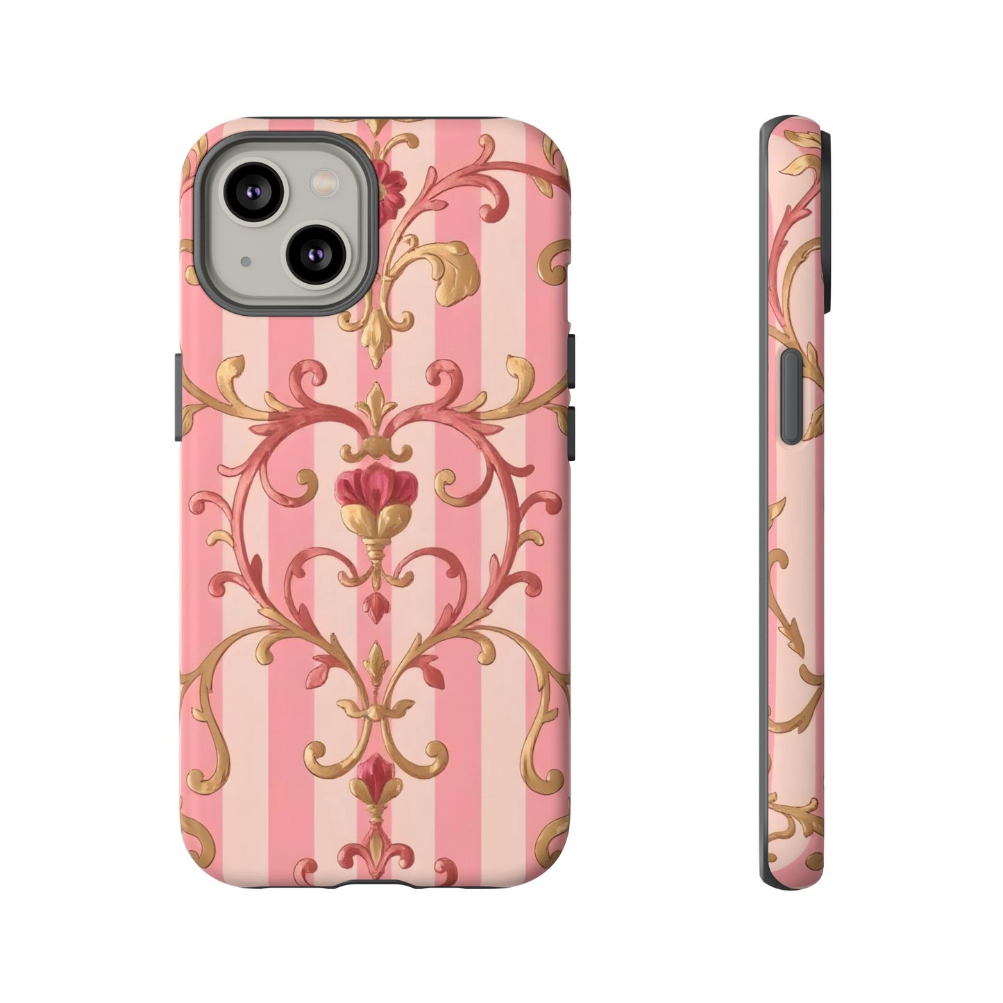 Elegant Floral Motif Phone Case - Tough Cases with Vintage Design - Pink Striped Rose Gold Damask
