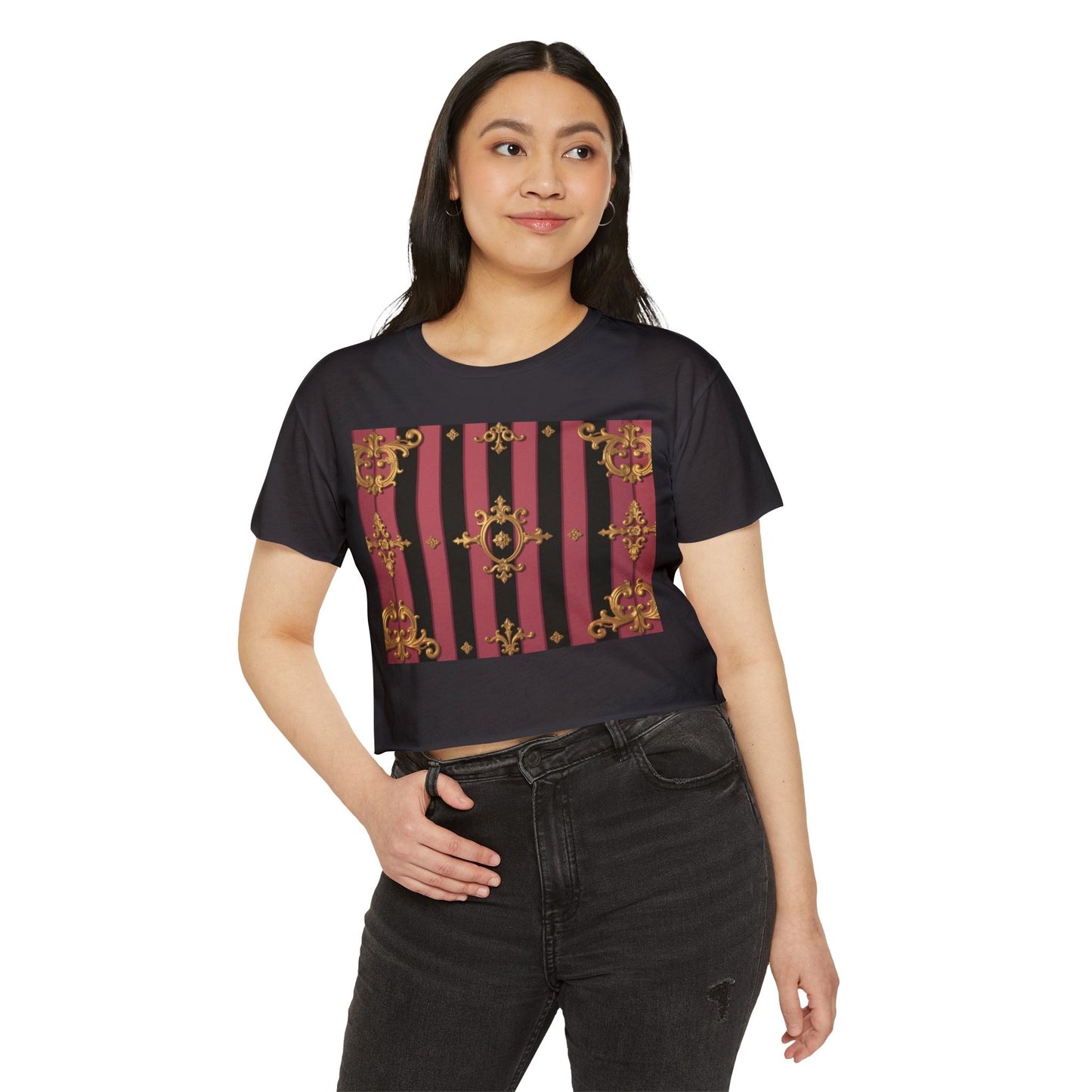 Festival Ready Black & Mauve Striped Gold Baroque Women's Crop Top | Elegant Chic, Summer Fashion, Music Festival Apparel