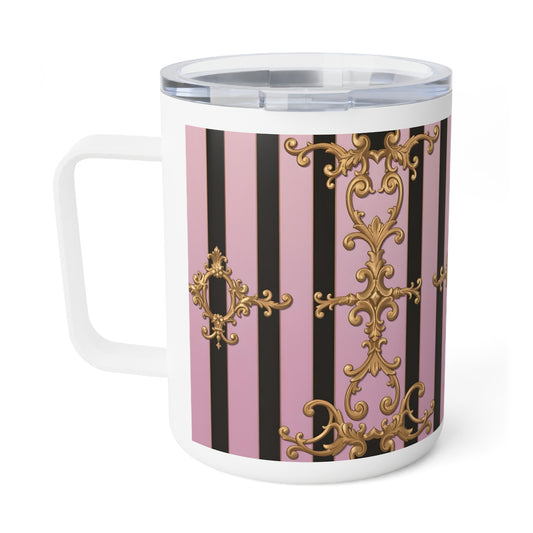 Elegant Insulated Coffee Mug, 10oz - Chic Travel Mug, Decorative Mug, Vintage Style Drinkware - Matte Lavender & Black Striped Gold Baroque