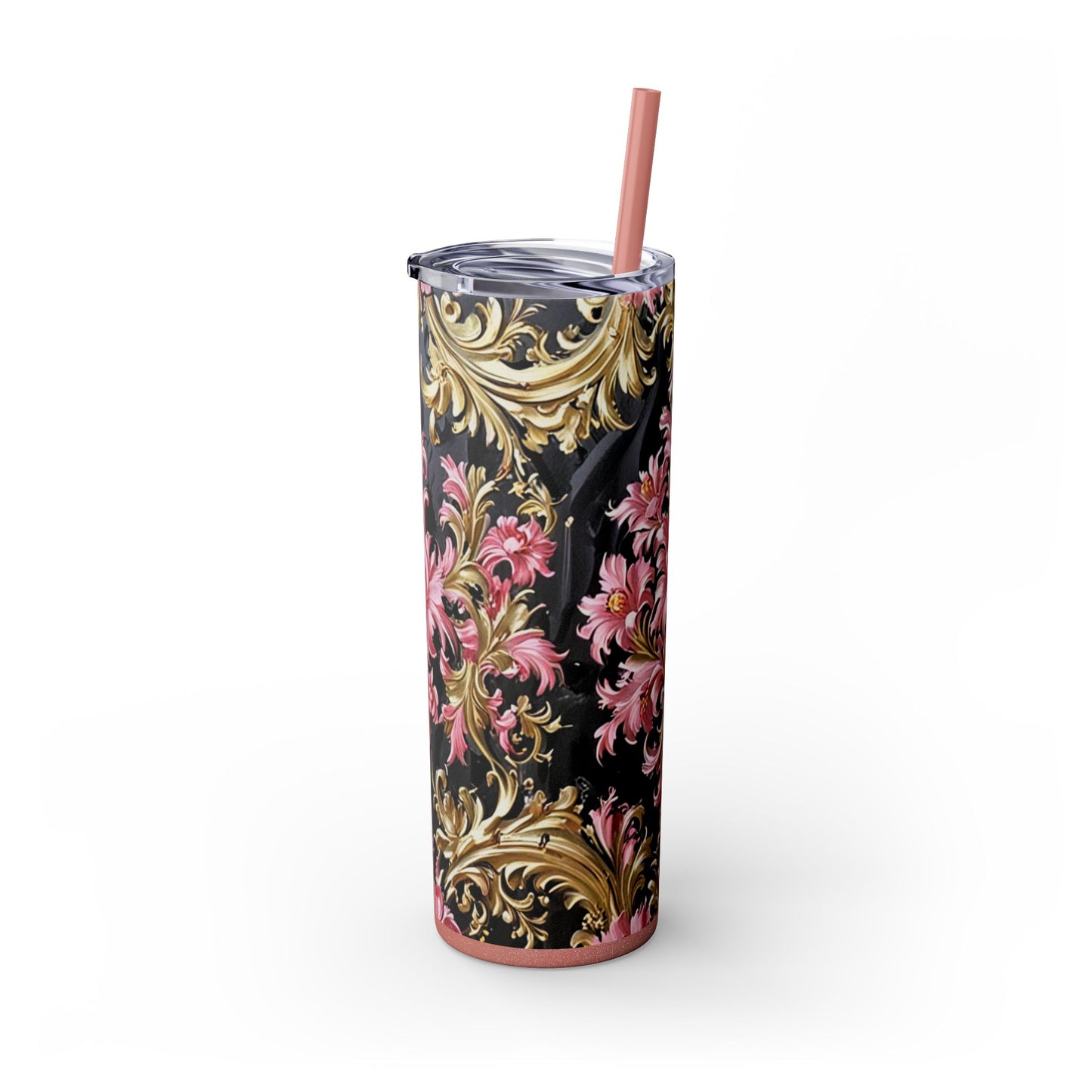 Chic Floral Skinny Tumbler with Straw, 20oz - Elegant Drinkware for Tea Lovers, Travel Mugs, Gifts for Her - Black & Pink Oil Painting Style Rococo
