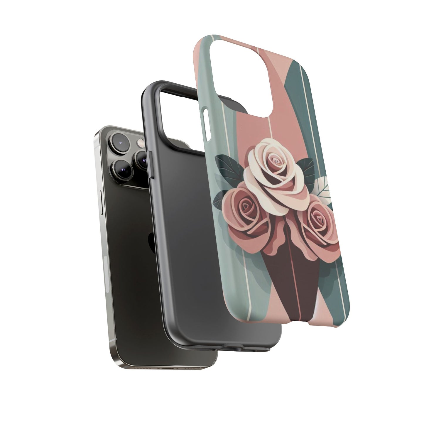 Phone Case - Burgundy, Matte Mauve & Teal Surfboard & Roses Design