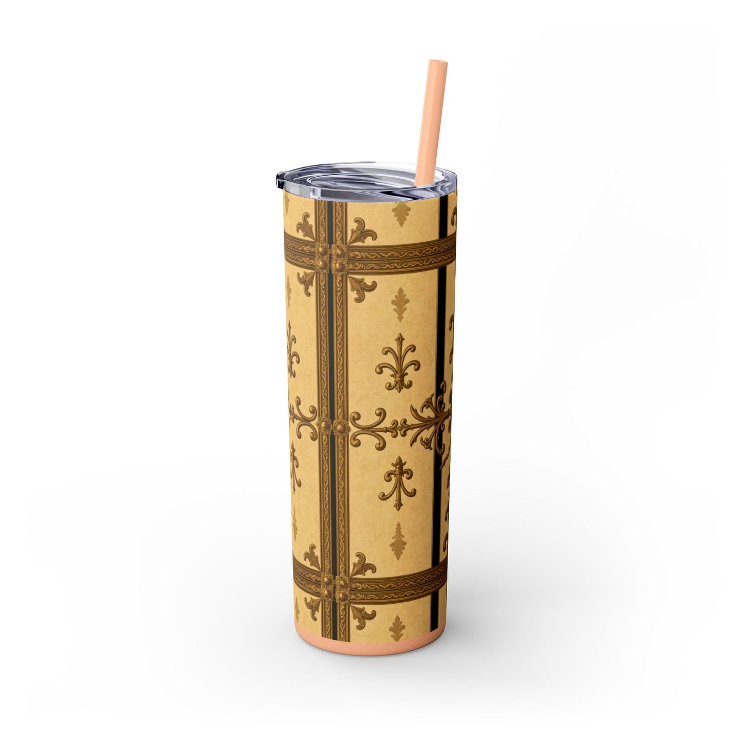 Elegant Vintage Skinny Tumbler, 20oz Insulated Drink Cup, Perfect for Home, Office, Gifts, Holidays, Travel - Matte Yellow Striped Antique Rococo