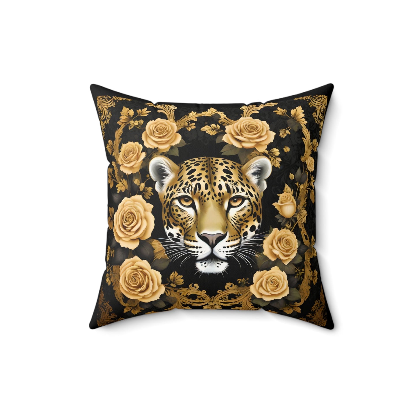 Luxury Leopard Print Faux Suede Square Pillow with Gold Roses | Elegant Home Decor - Gold Leopard