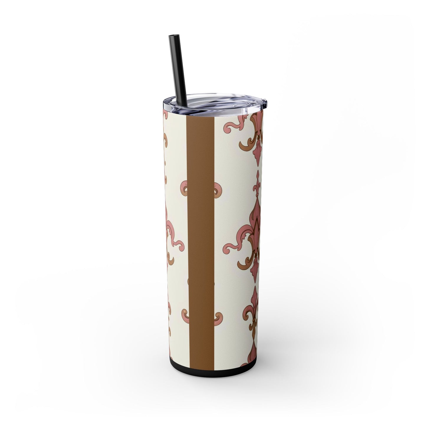 Elegant Floral Skinny Tumbler, 20oz Drinkware, Stylish Travel Mug, Wedding Gift, Personalized Gift, Eco-Friendly Cup - Brown Striped Pink Arabesque