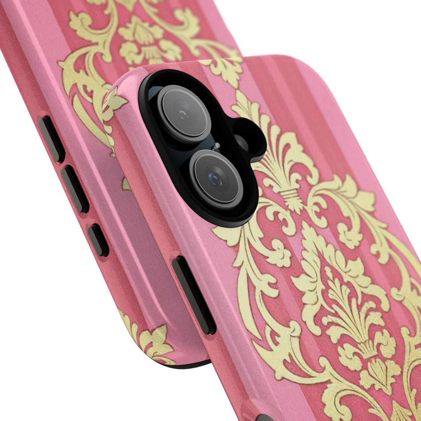Elegant Floral Motif Phone Case - Tough Cases with Vintage Design - Pink Striped Damask