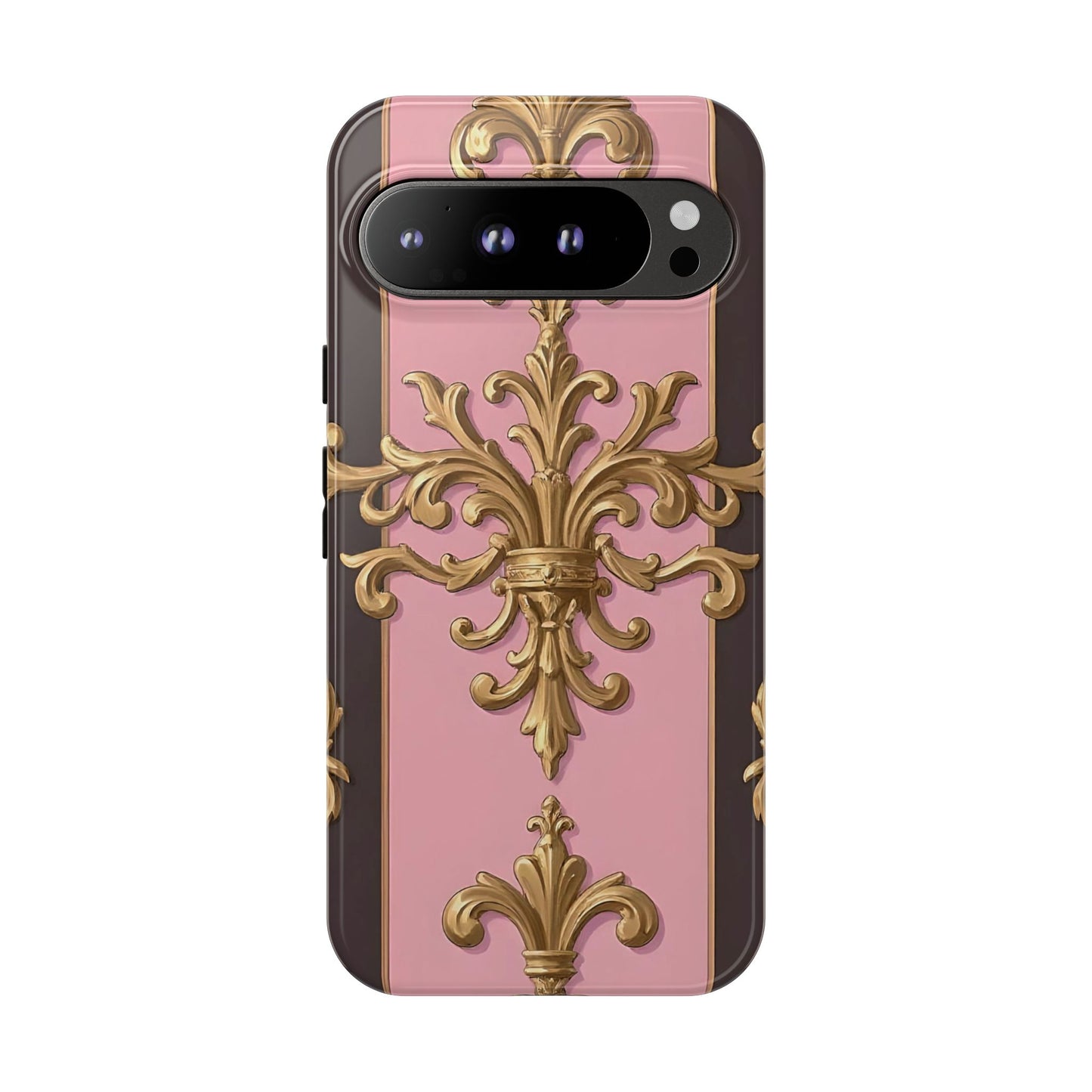 Elegant Floral Motif Phone Case - Tough Cases with Vintage Design - Pink & Brown Striped Gold Damask