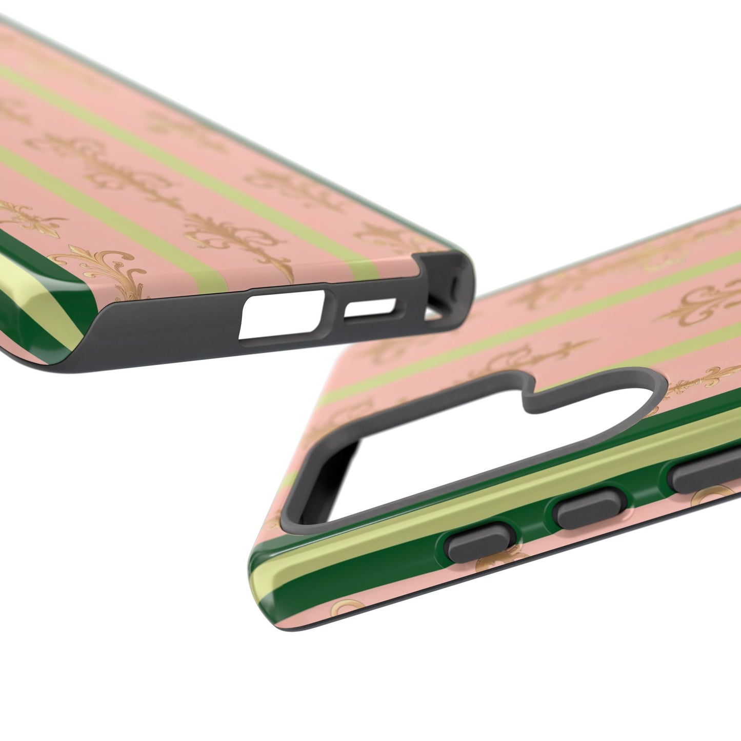 Elegant Floral Motif Phone Case - Tough Cases with Vintage Design - Lime Green & Pink Striped Damask
