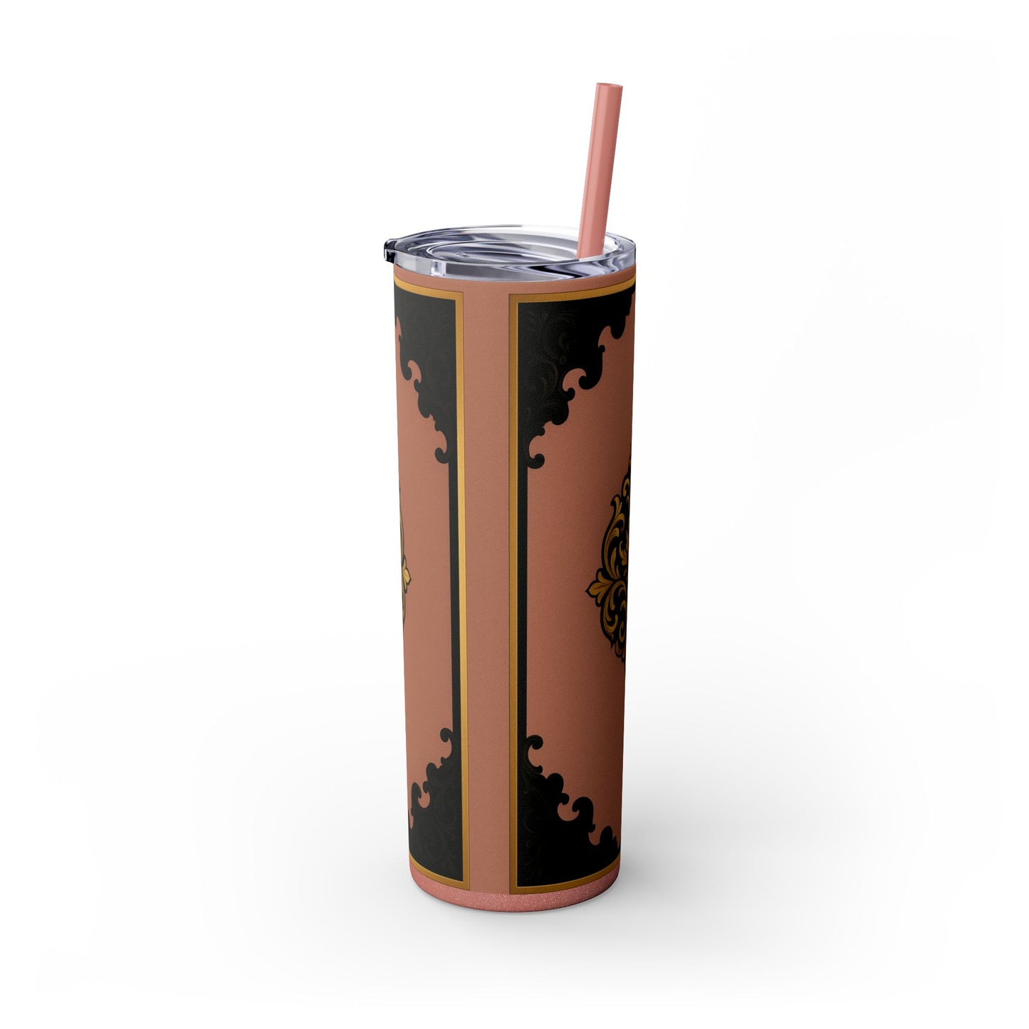20oz Skinny Tumbler with Straw — Vintage Mauve & Black-Gold Baroque Design