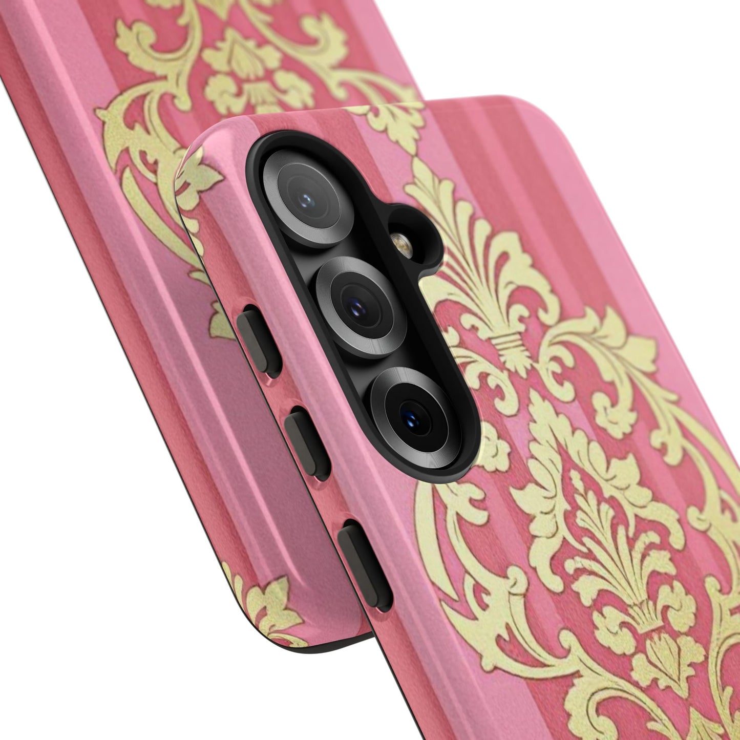 Elegant Floral Motif Phone Case - Tough Cases with Vintage Design - Pink Striped Damask
