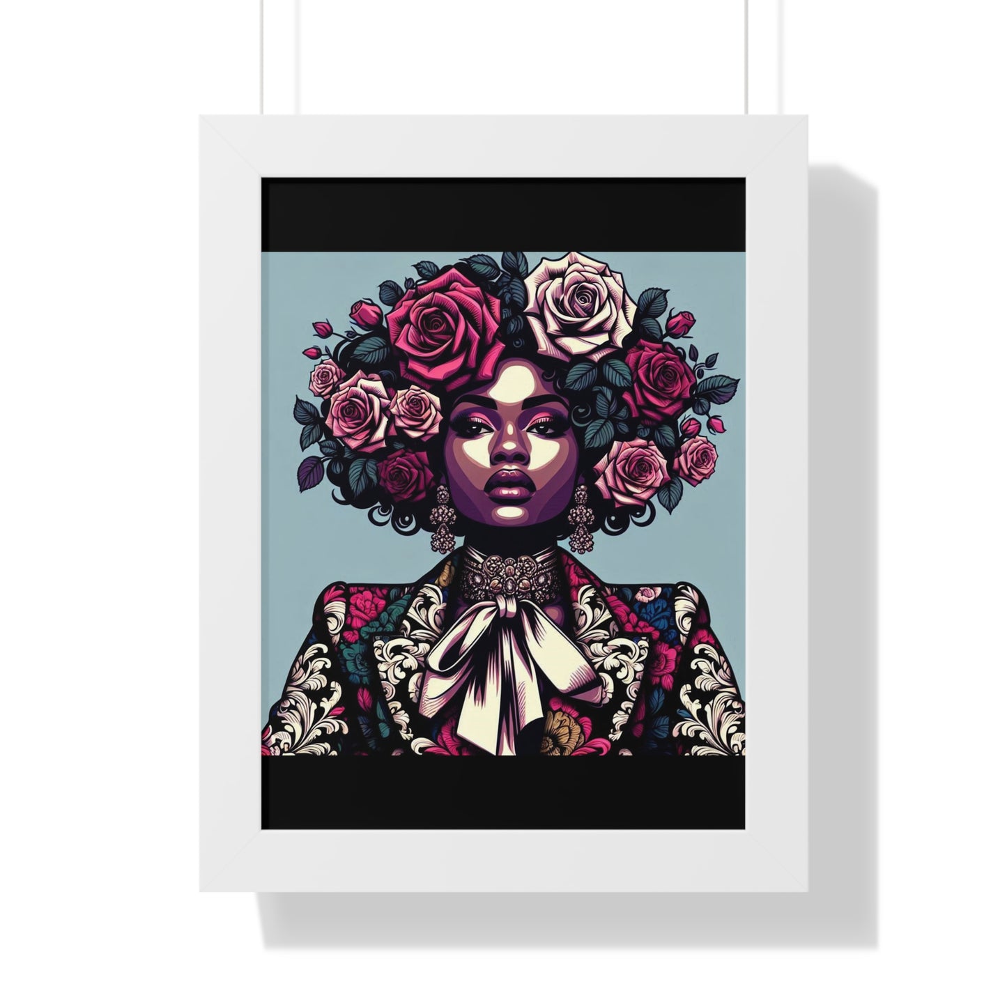Vertical Poster -  Lady In Damask Suit & Roses Wall Art