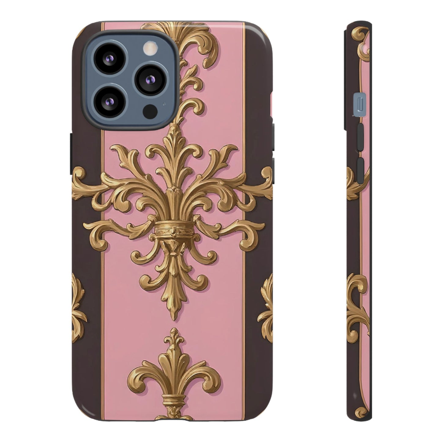 Elegant Floral Motif Phone Case - Tough Cases with Vintage Design - Pink & Brown Striped Gold Damask