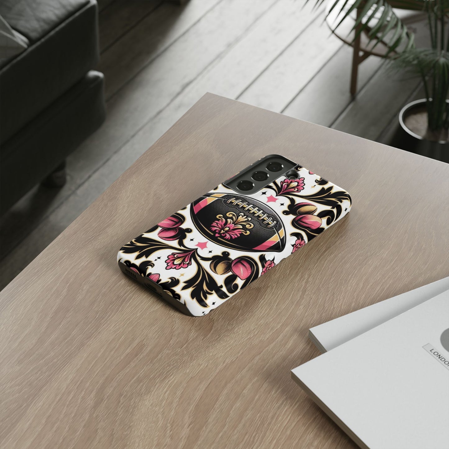 Elegant Floral Motif Phone Case - Tough Cases with Vintage Design - Damask White, Pink Gold & Black Football