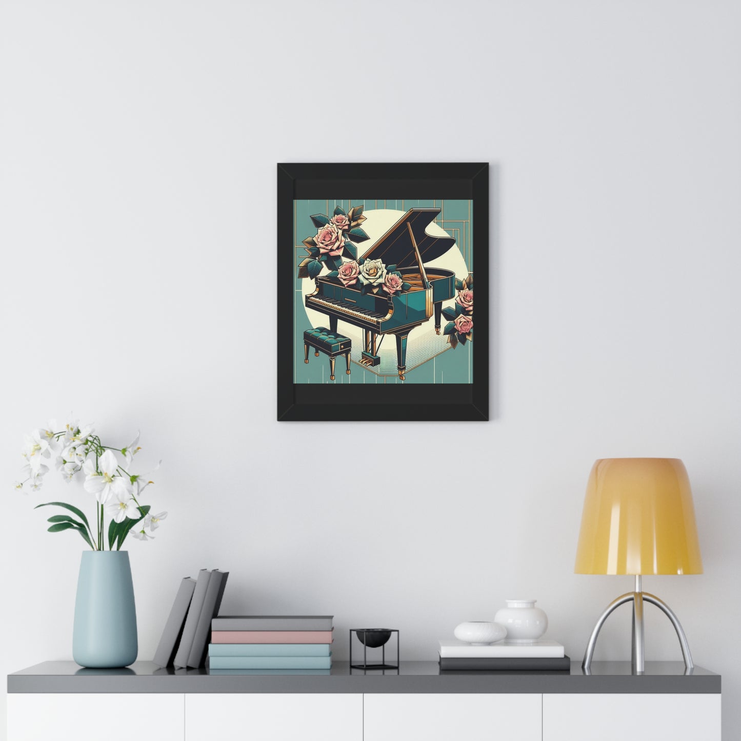 Vertical Poster - Teal Grand Piano & Roses Wall Art