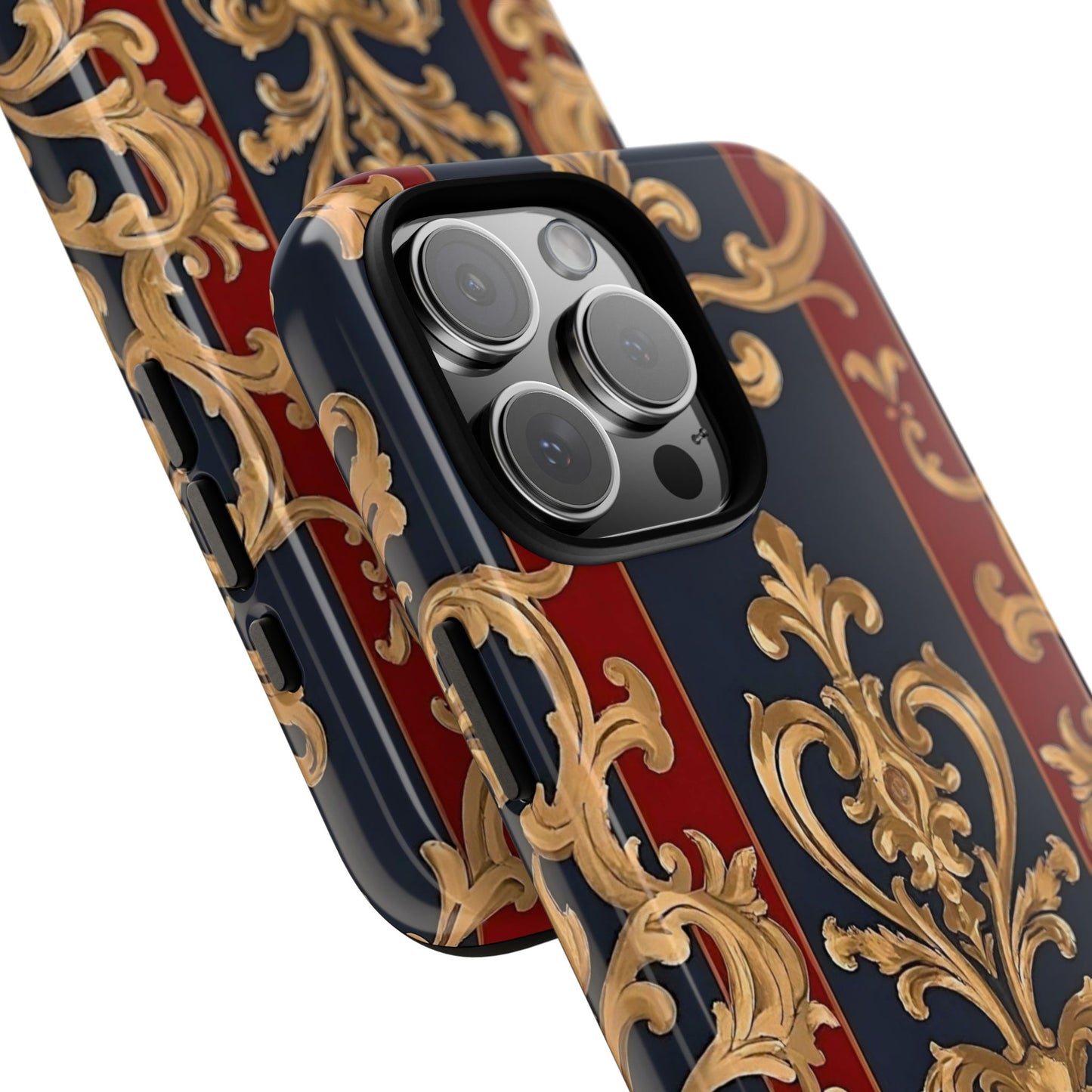 Elegant Floral Motif Phone Case - Tough Cases with Vintage Design - Midnight Blue & Dusk Red Striped Gold Damask
