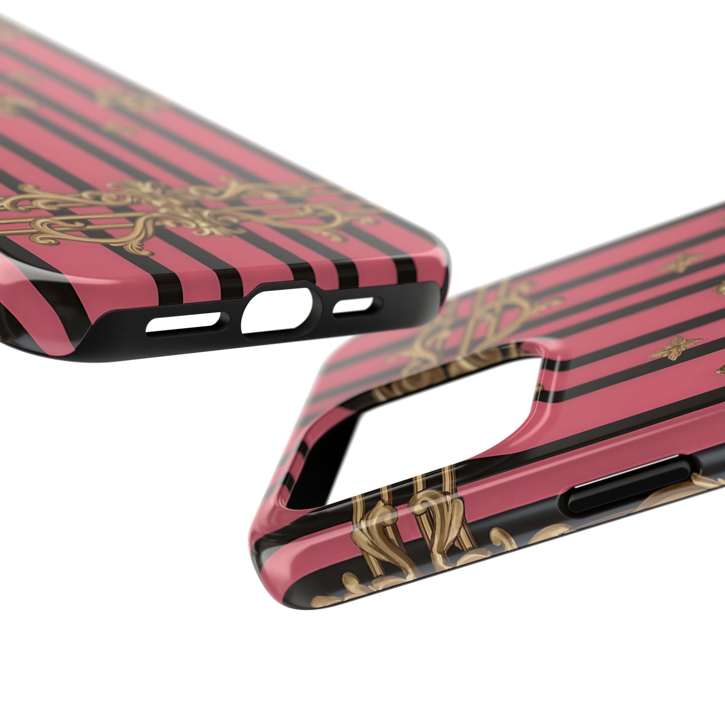 Elegant Floral Phone Cases, Stylish Protective Case for Trendy Individuals, Unique Gift for Tech Lovers, Phone Accessories - Pink Striped Gold Rococo