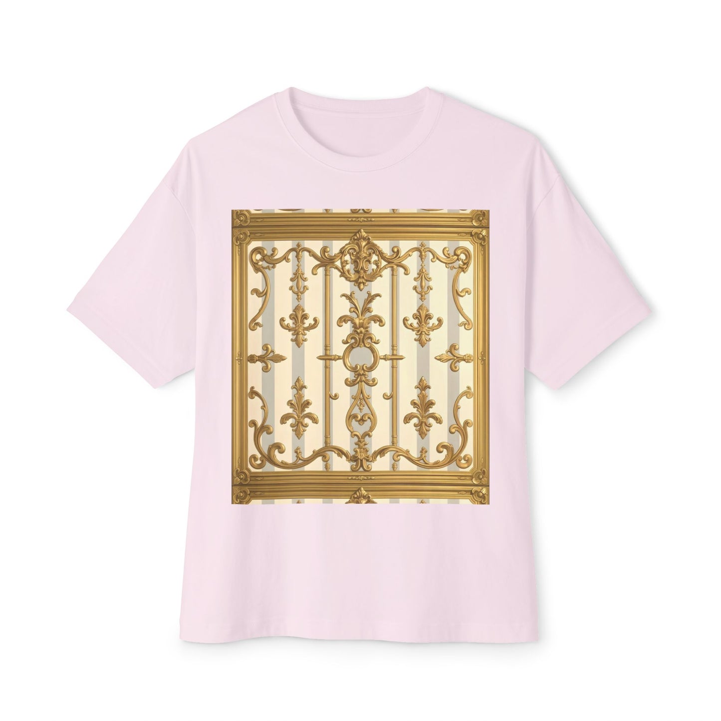 Golden Art Unisex Oversized Tee, Graphic Tee, Trendy Streetwear, Casual Shirt - Matte Gray & Cream Striped Gold Baroque