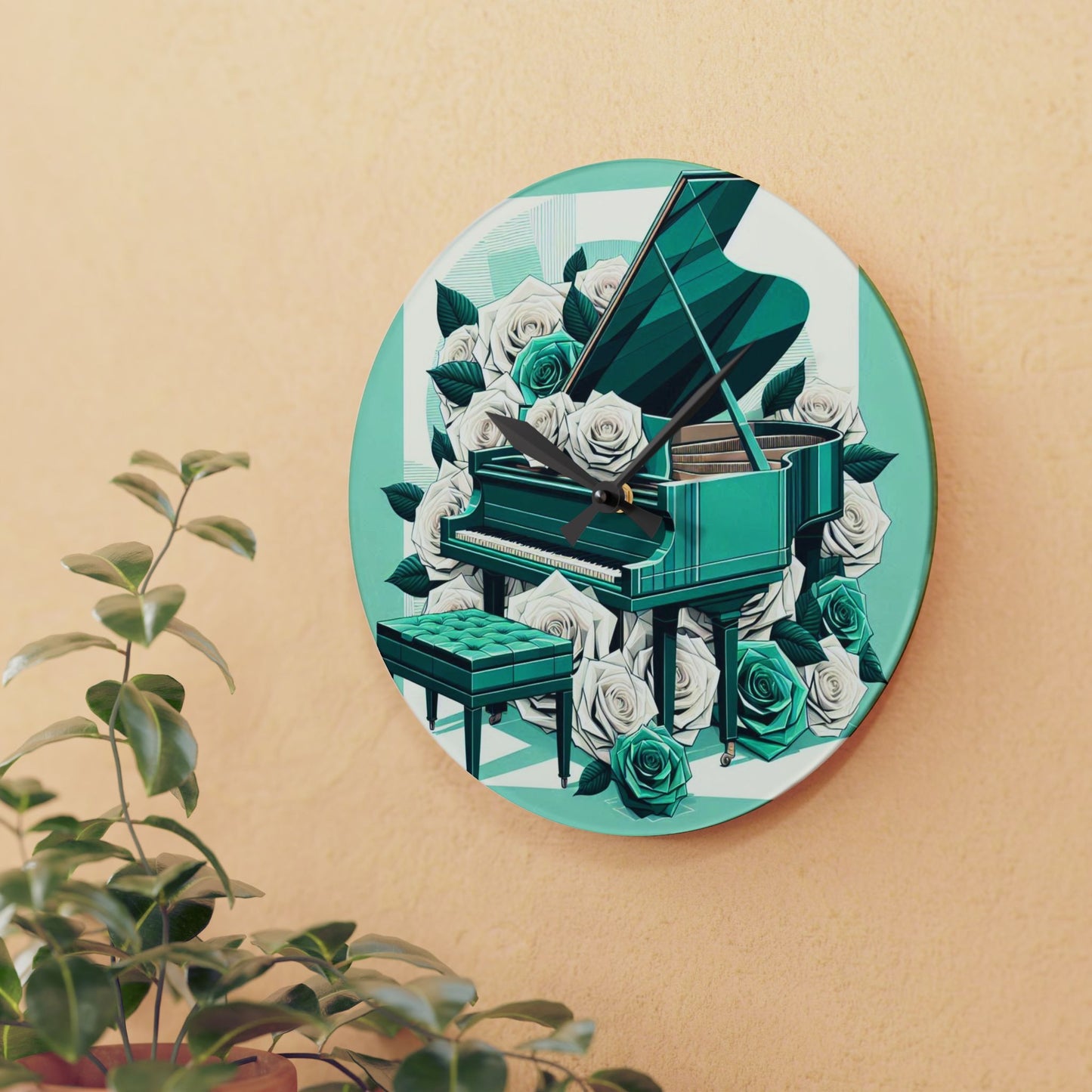 Elegant Aqua Piano and Roses Acrylic Wall Clock - Perfect Gift for Music Lovers