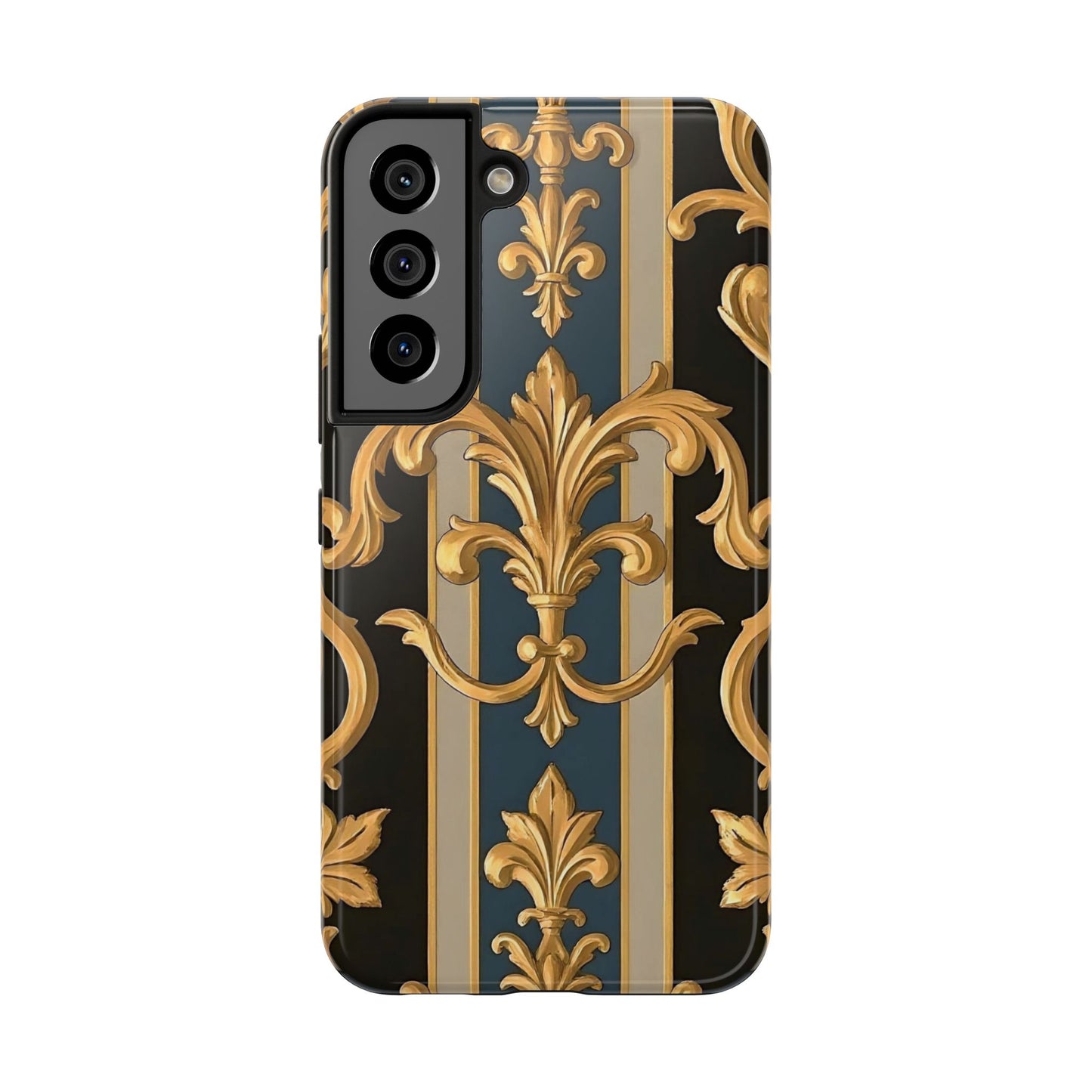 Elegant Rococo Phone Cases, Tough iPhone Case, Floral Design Case, Luxury Phone Cover - Blue & Black Striped Rococo
