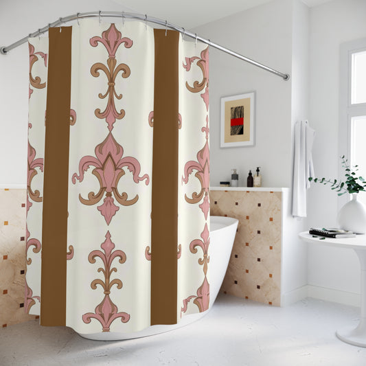Elegant Floral Shower Curtain, Vintage Bathroom Decor, Floral Home Accessory, Gift for Housewarming - Brown Striped Pink Arabesque
